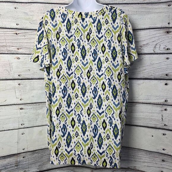 Rose + Olive Green Blue Ikat Print Blouse 1X - Picture 5 of 8